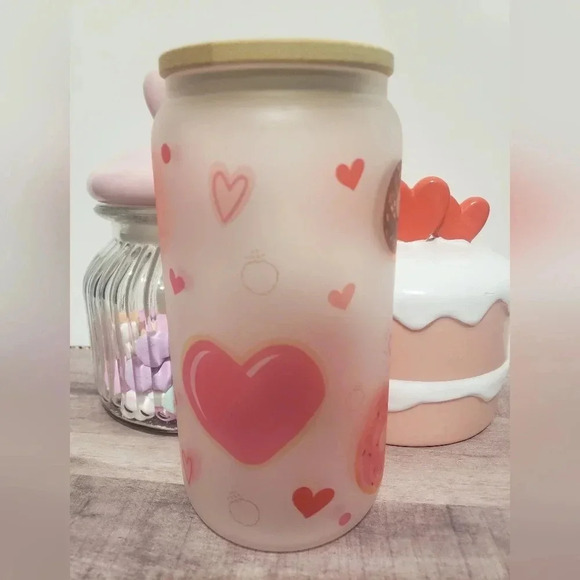 16oz donut hearts frosted glass custom cup with lid and straw, valentines day - Picture 2 of 5